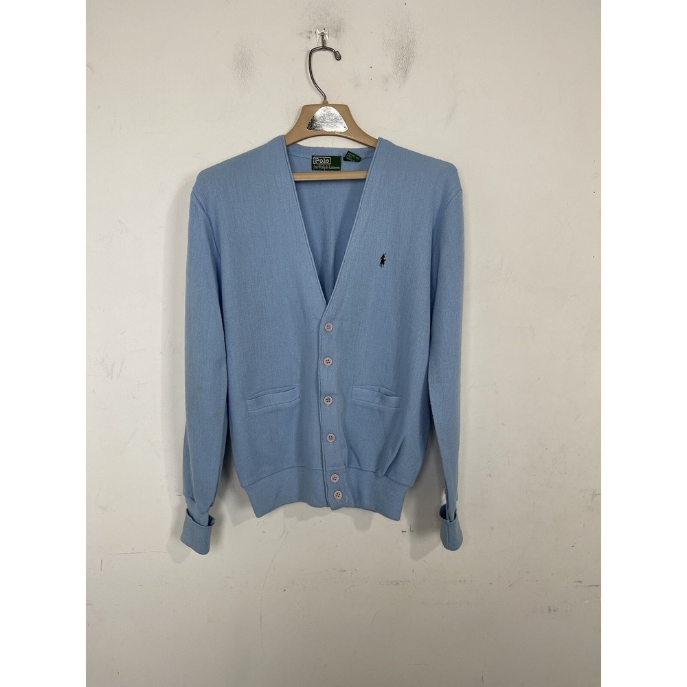 Polo Ralph Lauren Men Cardigan Large Old Money Dad Grandpa Blue Preppy Pique VTG